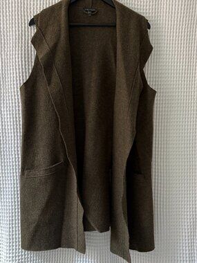 Eileen Fisher olive long boiled wool shawl collar sweater vest women's medium